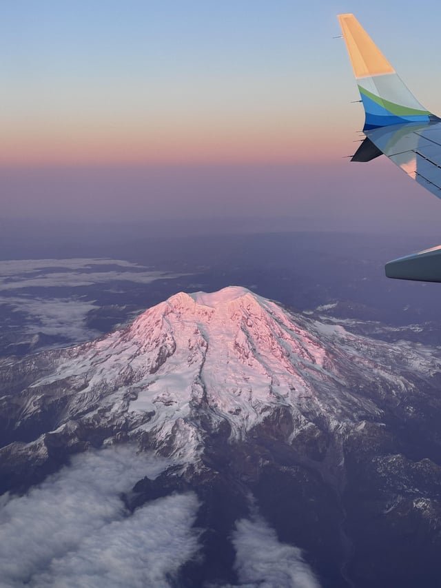 View of Rainier from plane during sunrise
