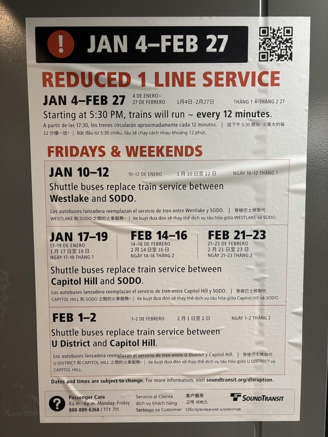 Shuttle bus bridges and reduced train frequency this coming January and February for link light rail