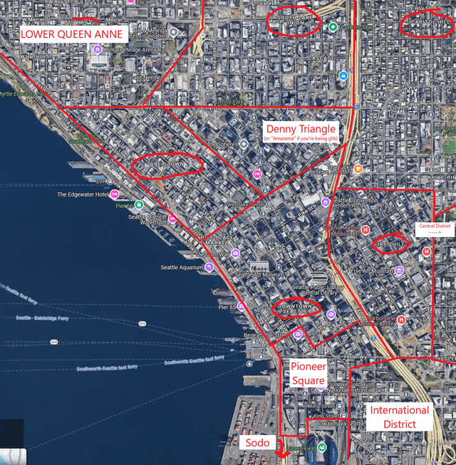 Cutting off any more posts asking what the different parts of central Seattle are called. There’s some nuance in the ID between Japantown/China Town/Little Saigon, and maybe my lines are 1 street off here or there, but these are the names.