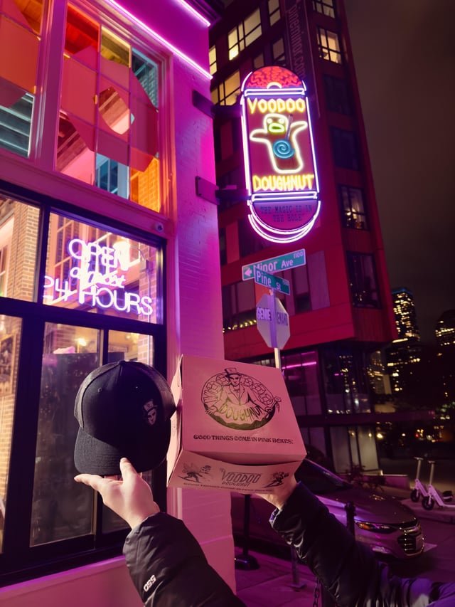 The brand new Voodoo Donut on Pine is giving away free donuts and hats tonight
