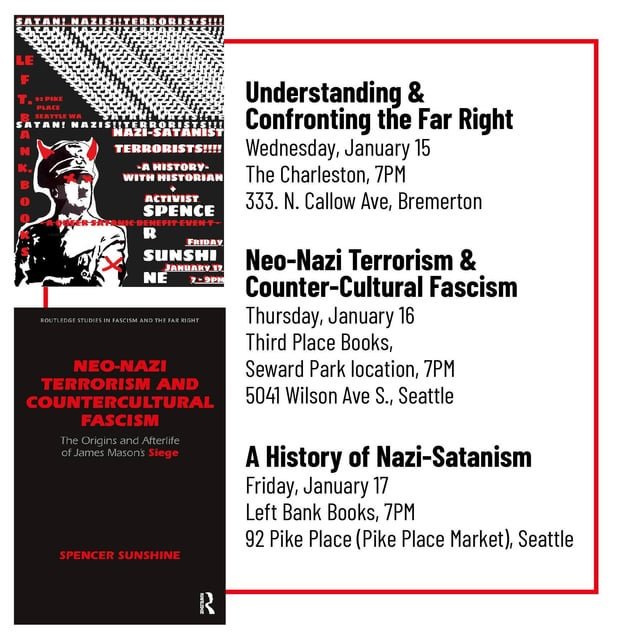 Antifascist researcher Spencer Sunshine coming to Seattle metro to give three talks (Jan. 15, 16, and 17)