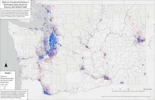 2024 U.S. Presidential Election in Washington State, Results by Precinct, DOT DENSITY MAP, EVERY DOT=100 VOTERS