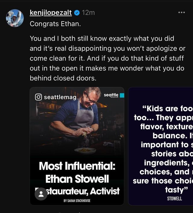 Cryptic post about Ethan Stowell. Does anyone have any context what Kenji is talking about?