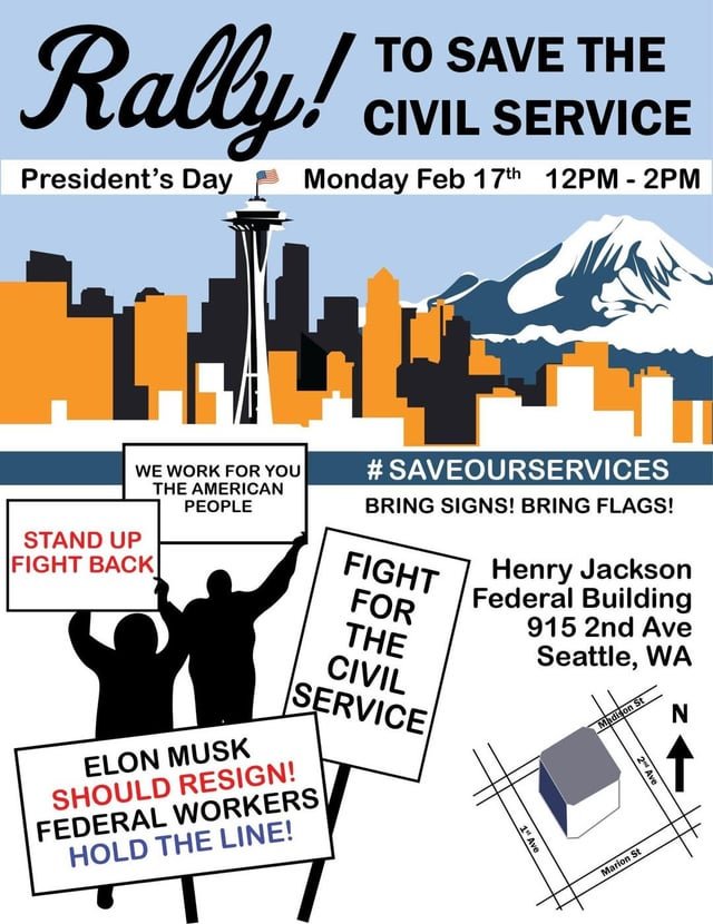 By popular demand: a rally, but on a holiday! Rally to Save the Civil Service, President’s Day, noon, at the Federal Building