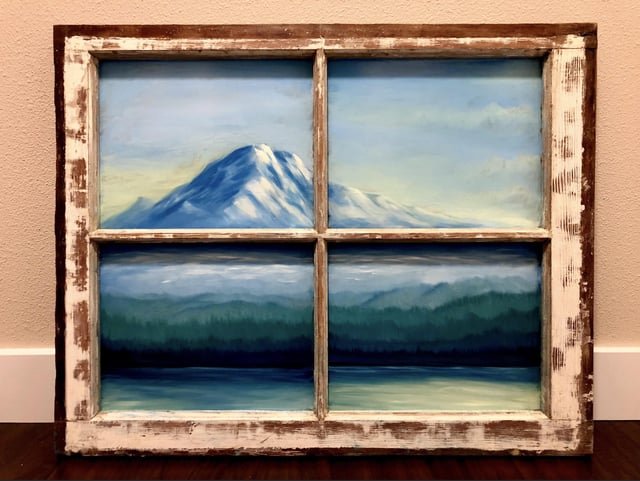 I painted Mt Rainier on an old window pane my friend found. Thought you all might enjoy