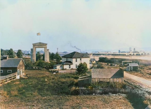 Blaine-facing view of the Peace Arch border crossing -1920’s [colorized]