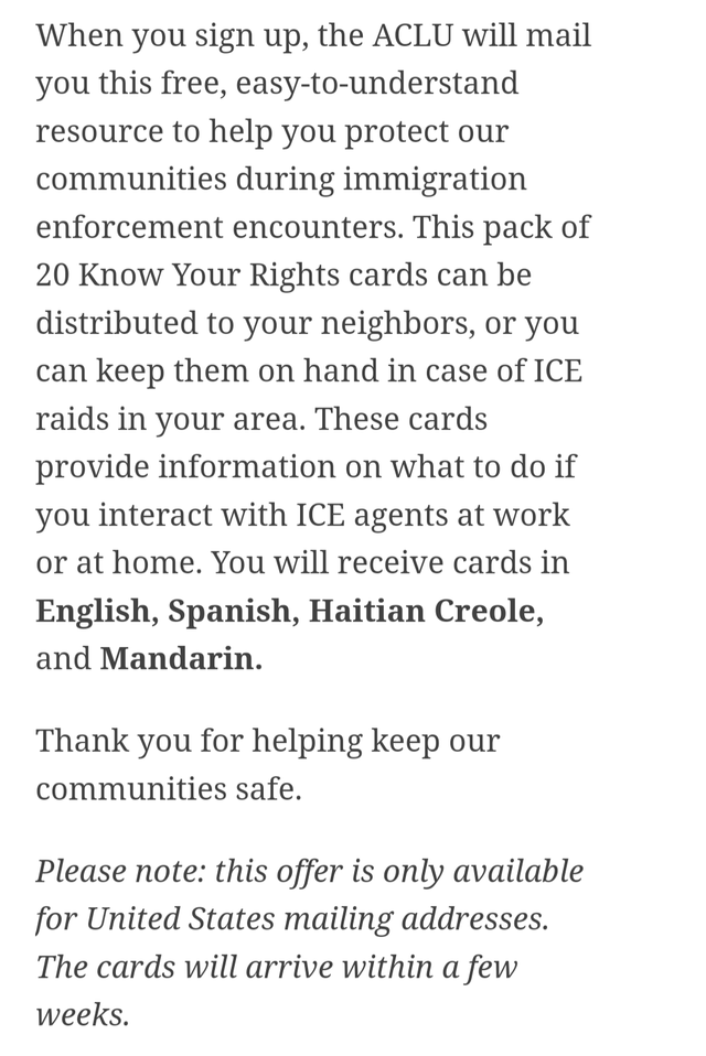 ACLU is mailing free know your rights cards for immigration so you can help your community be ready for ICE