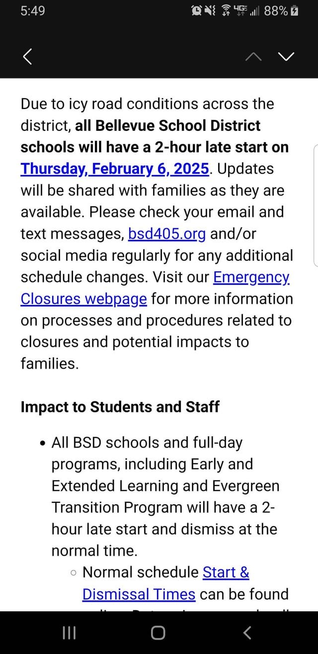 Bellevue School District 2-hour Late Start Thursday, 2/6/2025