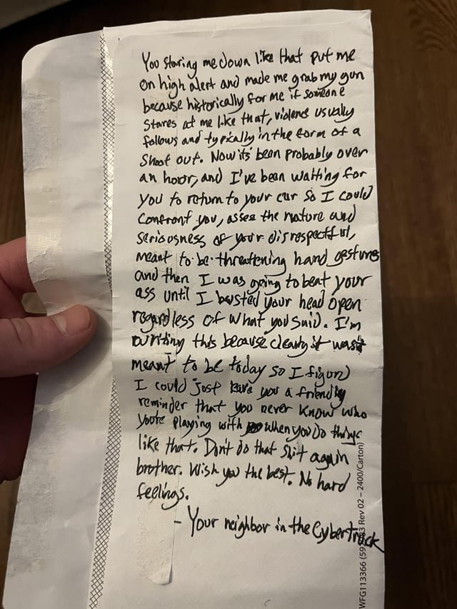 Cybertruck driver left me this wild threatening note because I glared at him for parking in a handicap spot with no ADA placard