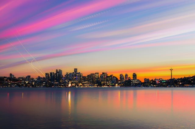 Seattle skyline from Gasworks Park made from combining 300+ images from a sunset timelapse