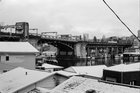 snowy Seattle day in black and white
