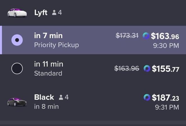 Lyft prices out of SeaTac this evening to downtown Seattle