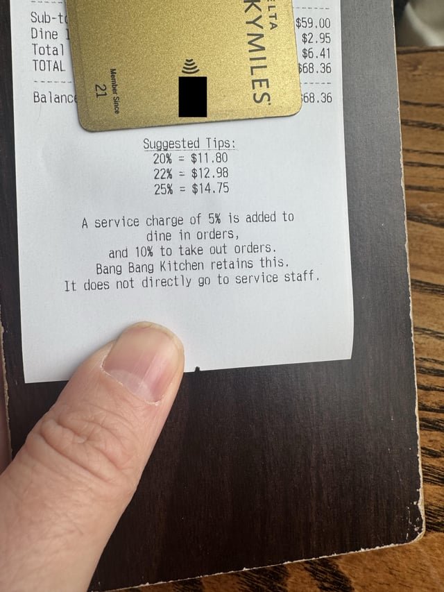 Differing service charges at Bang Bang Cafe