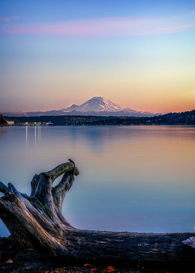Mount Rainier sunset from Seward Park on a calm Lake Washington