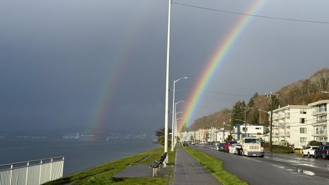 WEST SEATTLE SPRING SCENES: Rainbow, plus Alice’s sunless sunset watch