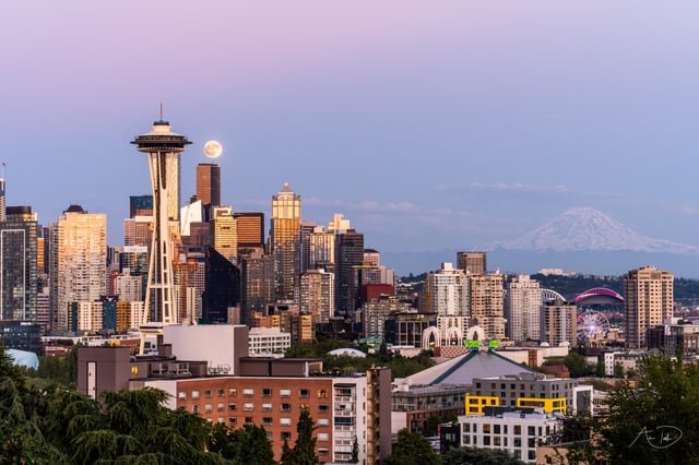 Last summer, I went to Seattle and decided to head to Kerry Park to take a photo. Unbeknownst to me, there were hundreds of photographers already there to take a photo of the skyline with the full moon. This is the shot I got!