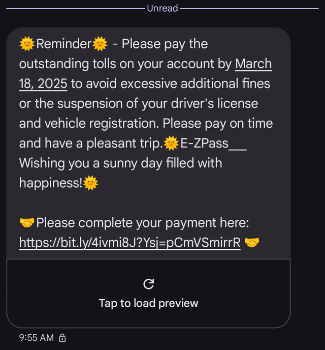 My favorite toll pass scam message so far