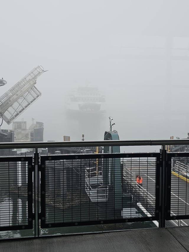Ferry looms in the fog at Mukilteo this morning. Fog horns were blaring constantly.