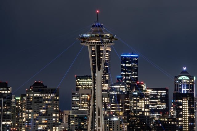 The view of the “Guide Star” art installation captured from Kerry Park this evening
