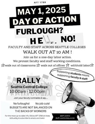 Seattle Central College Faculty and Staff Walkout May 1st 10am