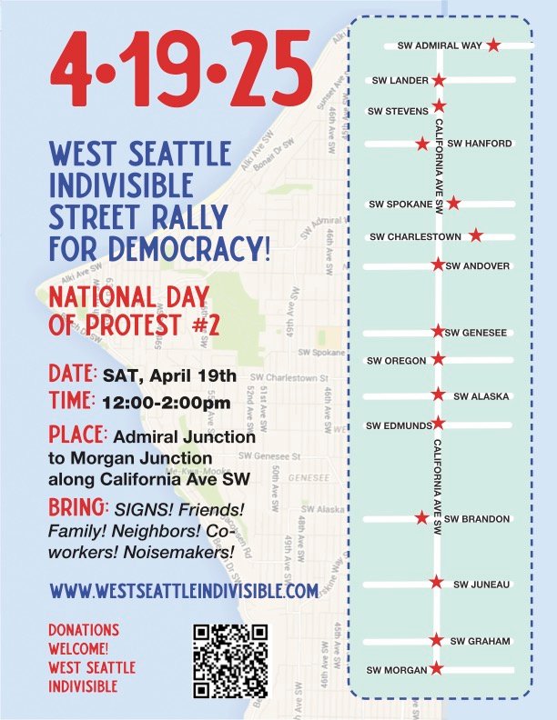West Seattle Indivisible planning rally on West Seattle streetcorners Saturday, after sign-making event Wednesday