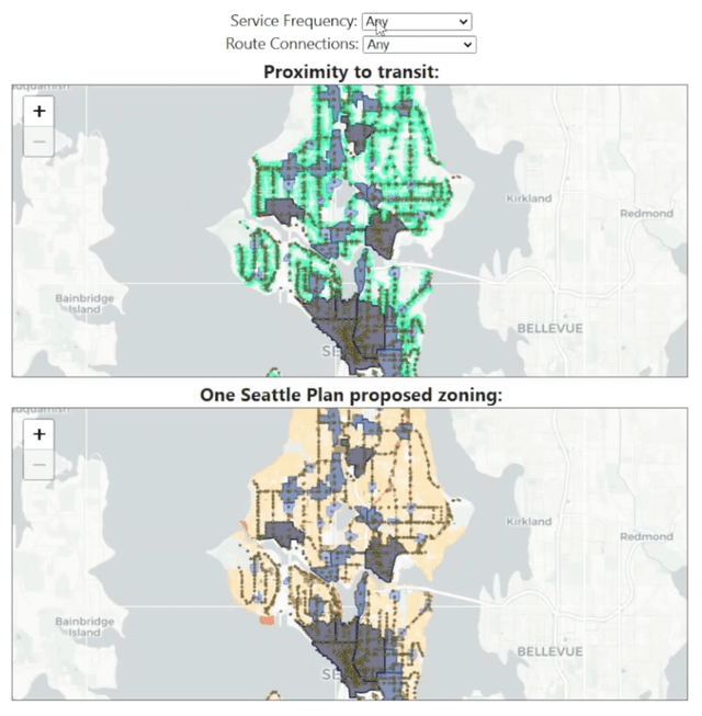 Five minute walk to bus stops (green) vs plans to add new housing (brown/orange) around Seattle