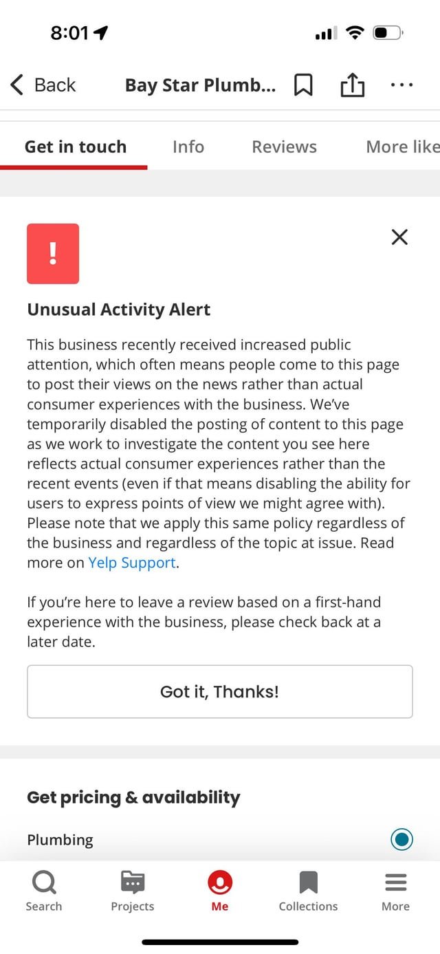 Yelp shut down Bay side plumbings page after the video went viral.