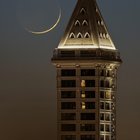 Some views of the razor-thin Moon with the Smith Tower and 2nd & Seneca building from Tuesday evening.