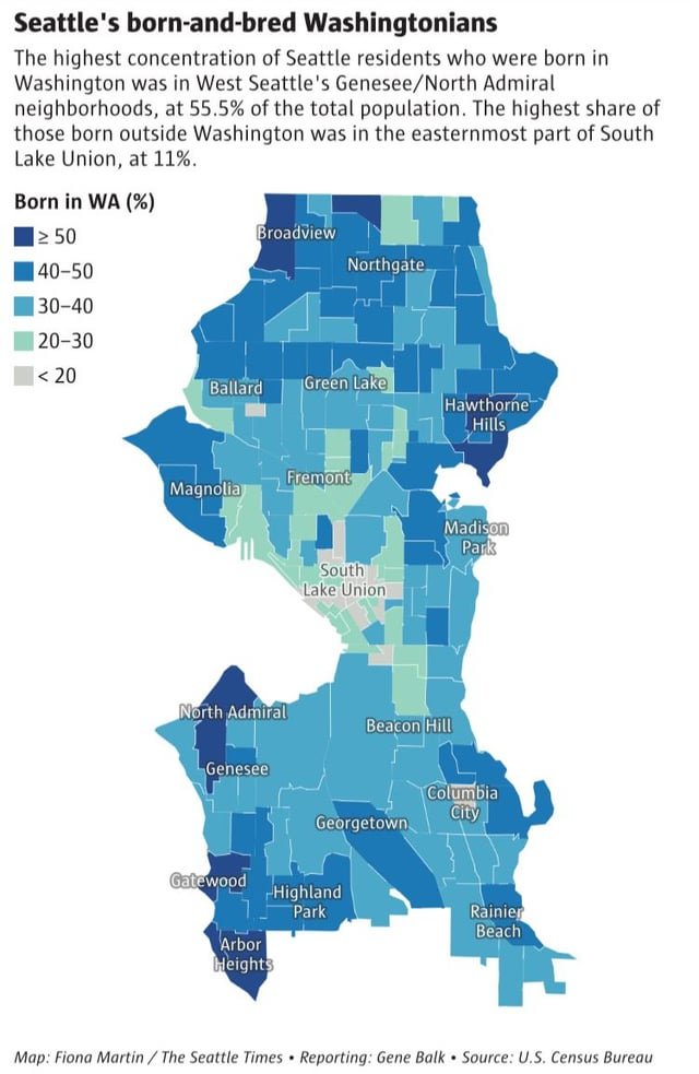 Seattle neighborhood map with % of native Washingtonians. Only about 35% of current Seattle residents were born in Washington