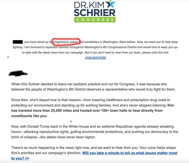 Kim Schrier is claiming “progressive values”. While taking money from AIPAC and after voting yes to ban funding of gender affirming care.