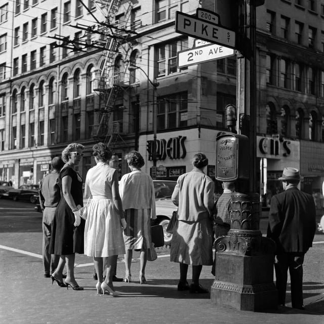Waiting to cross. Second and Pike, 1962.