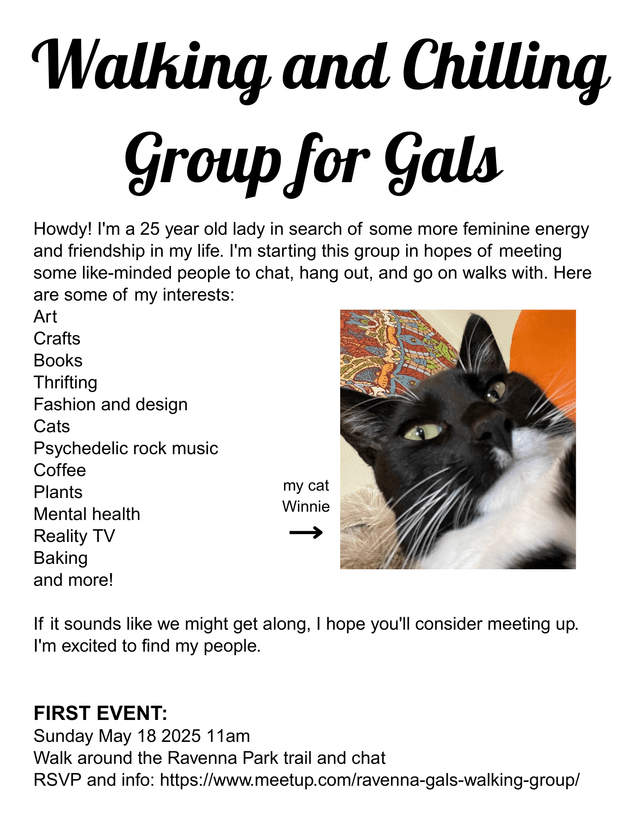 Hosting a chill walking group on 5/18 at Ravenna Park!