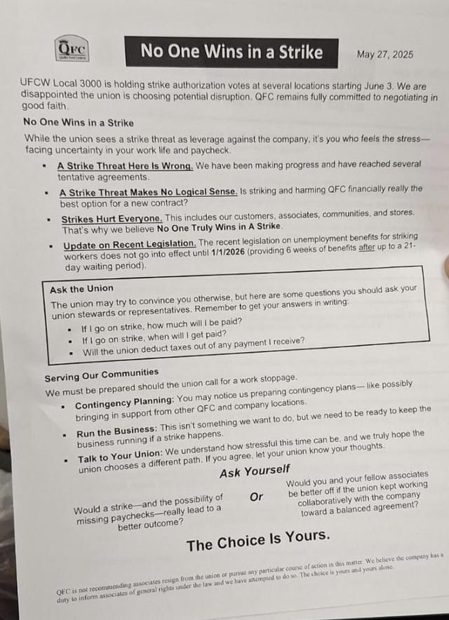 Kroger local ufcw3k, about to vote for strike. These leaflets in the break room 👀
