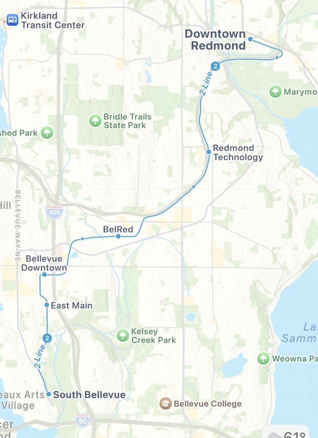 The Downtown Redmond Light Rail Extension is officially showing on Apple Maps