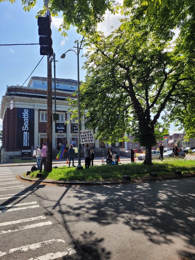 Lgbtq protest outside of pursuit Church in the University District