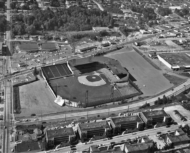 Sick’s Stadium, sitting at the corner of S. McClellan Street and Rainier Avenue South, c.1967. Home to the Seattle Pilots lone season, finishing last with a record of 64-98, before relocating to Milwaukee.