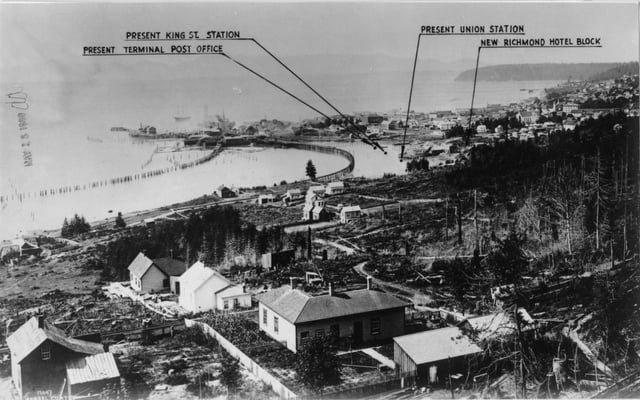 The town of Seattle, looking northwest from approximately 9th Avenue South and Dearborn Street. c. 1881.