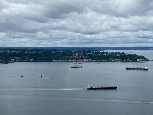 USS Gabrielle Giffords littoral combat ship trimaran arriving in Elliott Bay right now, headed to Vigor Shipyards