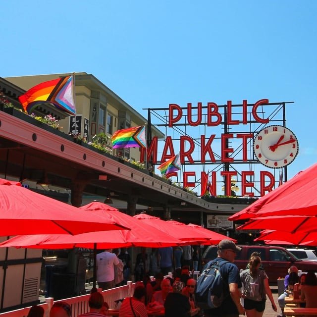 Pike Place Market. A pride flag a day keeps the MAGA away!