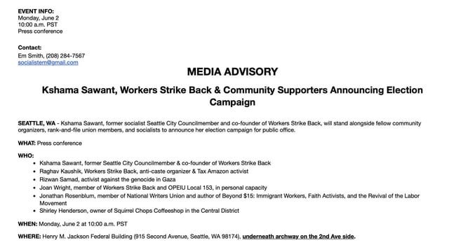 Kashama Sawant will announce campaign for unspecified public office tomorrow morning