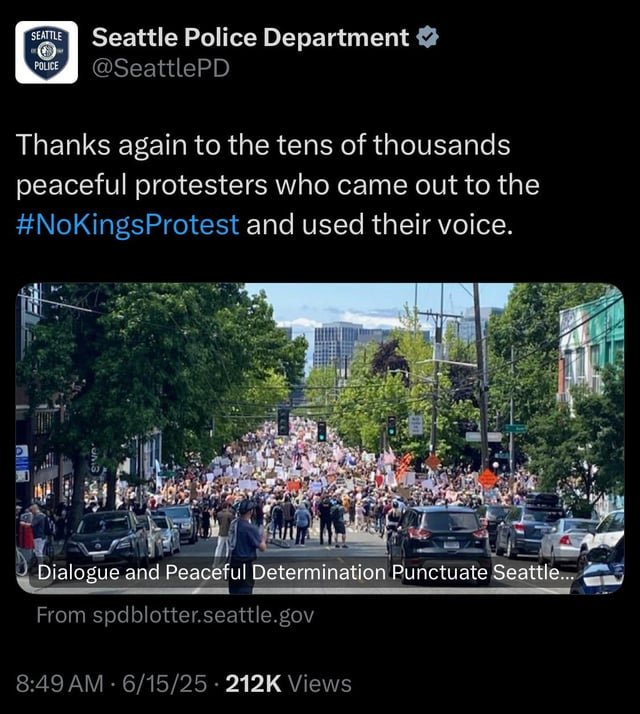 The Seattle Police Department thanks the protesters for using their voices in a peaceful No Kings protest.