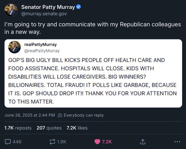 Senator Patty Murray pulling out all the rhetorical stops to warn people about Trump’s “big beautiful bill”