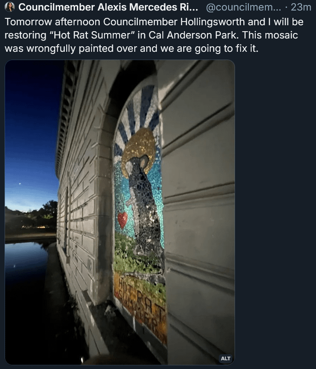 Councilmember Alexis Mercedes Rinck on Bluesky: “Tomorrow afternoon Councilmember Hollingsworth and I will be restoring “Hot Rat Summer” in Cal Anderson Park. This mosaic was wrongfully painted over and we are going to fix it.”