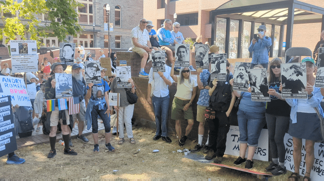 People holding pictures of The Disappeared, chanting Shut Down Ice! Seattle Central College, July 17th. Good trouble lives on. Trump fascist regime must go NOW.