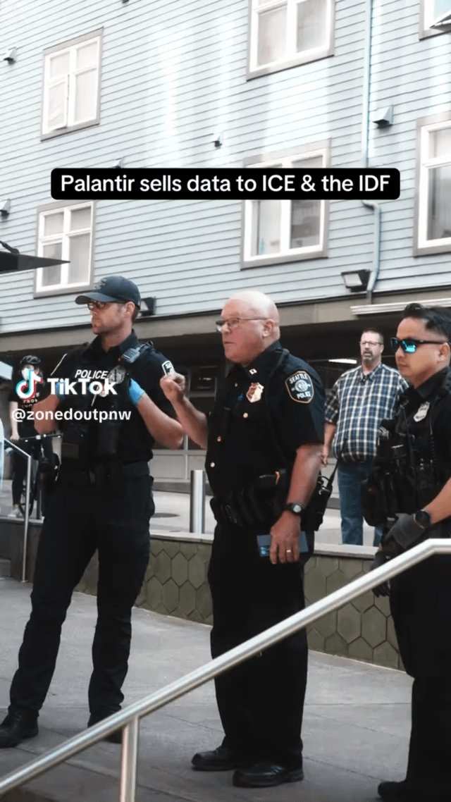 Scenes from today’s protest against Palantir at their now not so secret office here in Seattle. (Source: @zonedoutpnw on TikTok)