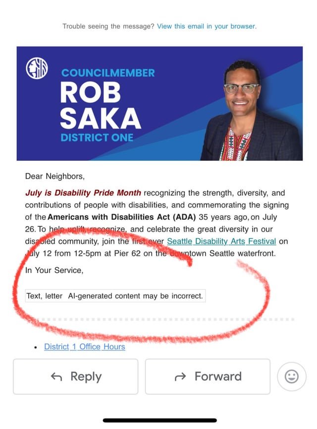 Rob Saka newsletter discloses it was written by AI and “may be incorrect”