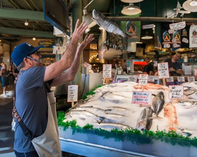 Seattle burned to the ground in the CHOP riots and all that’s left is this spot where survivors line up to get slapped in the face with a salmon.