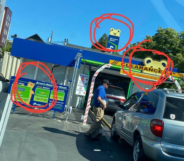 My son just pointed out to me that the logo for the Brown Bear Car Wash… is a *yellow* bear