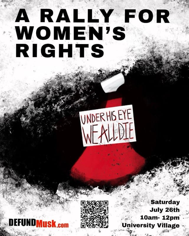 Under His Eye, We All Die: Rally for women’s rights, Saturday at University Village Tesla