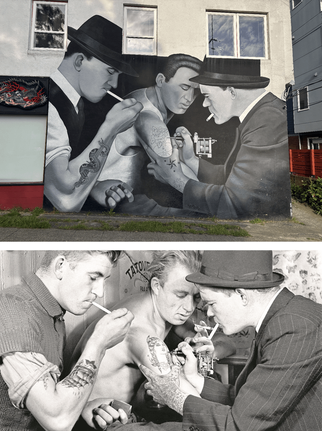 that Wallingford b&w tattoo mural was inspired by a historical photo of tattooing in Denmark